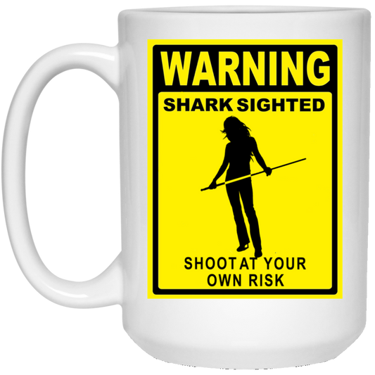 The GHOATS custom design #36. Shark Sighted. Female Pool Shark. Shoot At Your Own Risk. Pool / Billiards. 15 oz. White Mug
