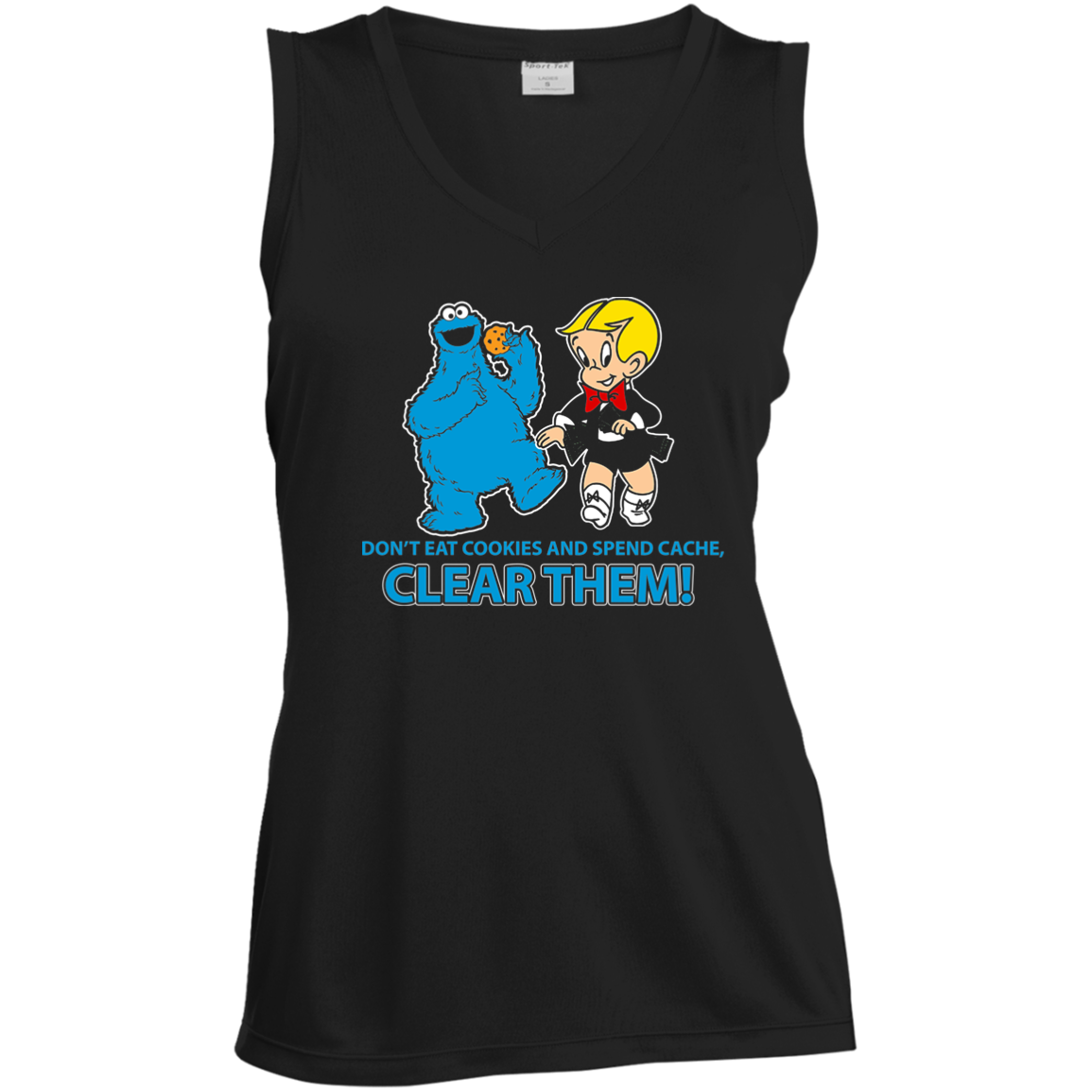 ArtichokeUSA Custom Design. Don't Eat Cookies And Spend Cache! Delete Them! Cookie Monster and Richie Rich Fan Art/Parody. Ladies' Sleeveless V-Neck