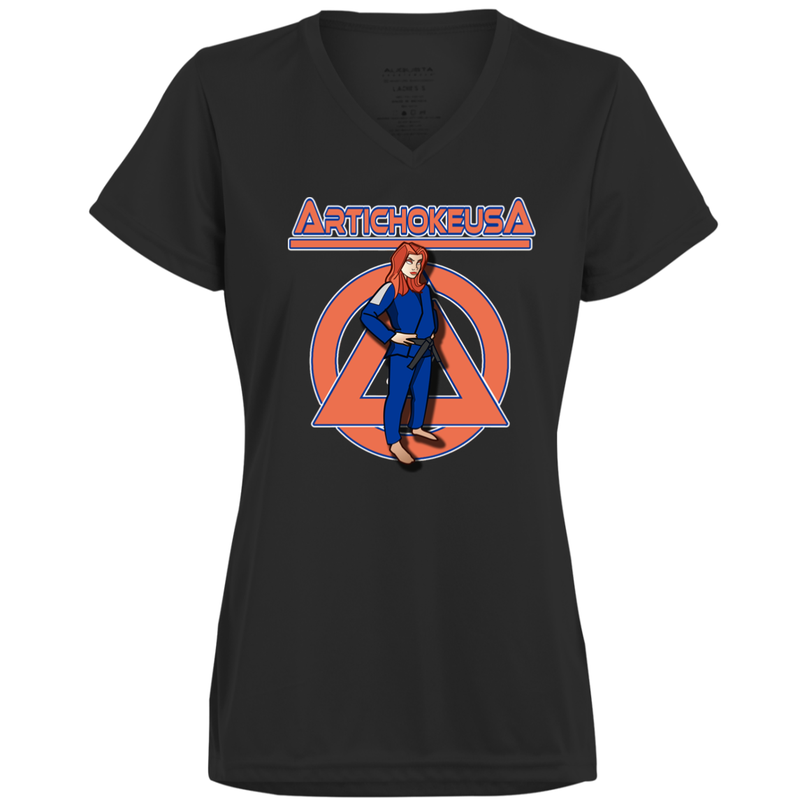 ArtichokeUSA Character and Font design. Let's Create Your Own Team Design Today. Amber. Ladies’ Moisture-Wicking V-Neck Tee