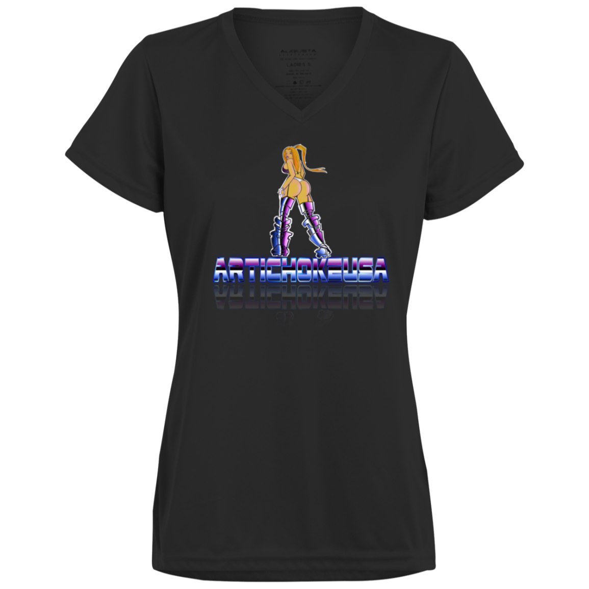 ArtichokeUSA Character and Font design. Let's Create Your Own Team Design Today. Dama de Croma. Ladies’ Moisture-Wicking V-Neck Tee