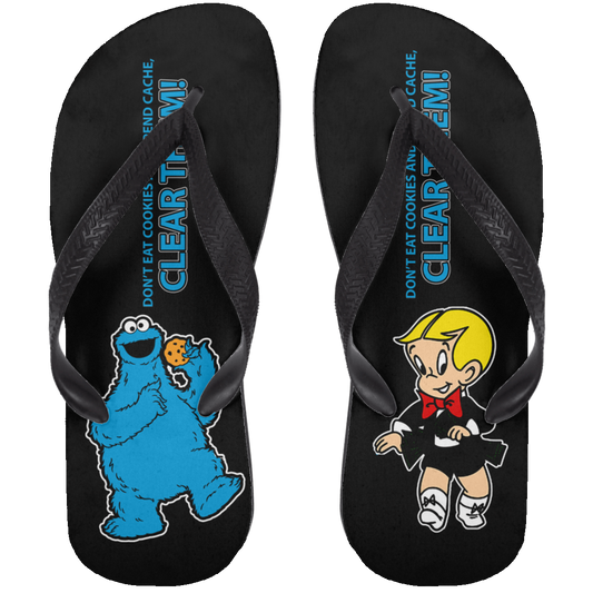 ArtichokeUSA Custom Design. Don't Eat Cookies And Spend Cache! Delete Them! Cookie Monster and Richie Rich Fan Art/Parody. Adult Flip Flops