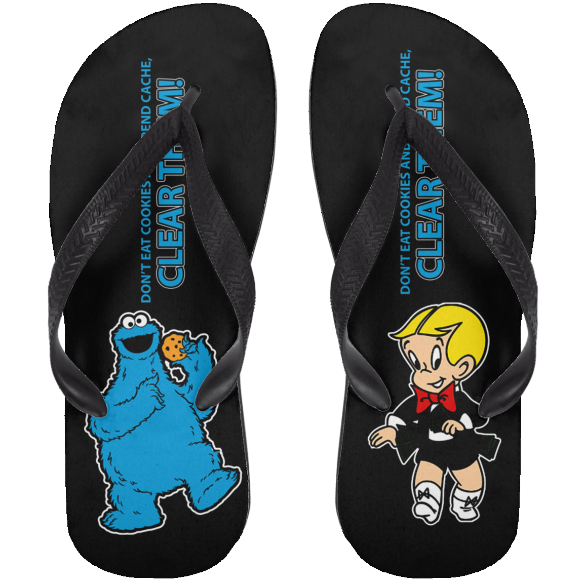 ArtichokeUSA Custom Design. Don't Eat Cookies And Spend Cache! Delete Them! Cookie Monster and Richie Rich Fan Art/Parody. Adult Flip Flops