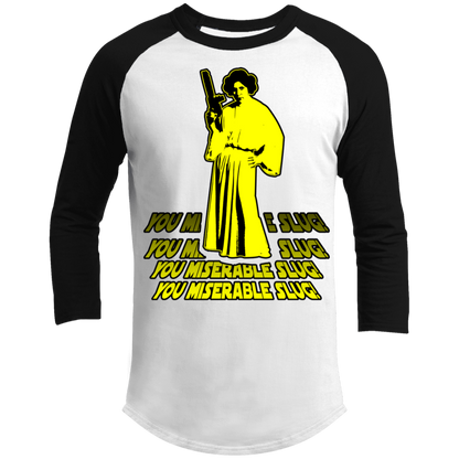 ArtichokeUSA Custom Design. You Miserable Slug. Carrie Fisher Tribute. Star Wars / Blues Brothers Fan Art. Parody. 3/4 Raglan Sleeve Shirt