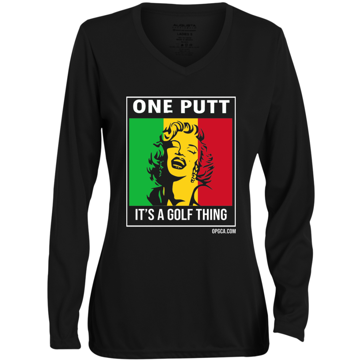 OPG Custom Design #22. One Putt / One Love Parody with Fan Art. Female Edition. Ladies' Moisture-Wicking Long Sleeve V-Neck Tee
