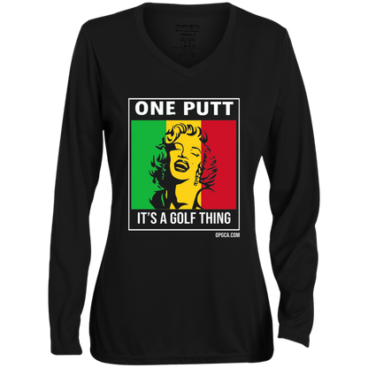 OPG Custom Design #22. One Putt / One Love Parody with Fan Art. Female Edition. Ladies' Moisture-Wicking Long Sleeve V-Neck Tee
