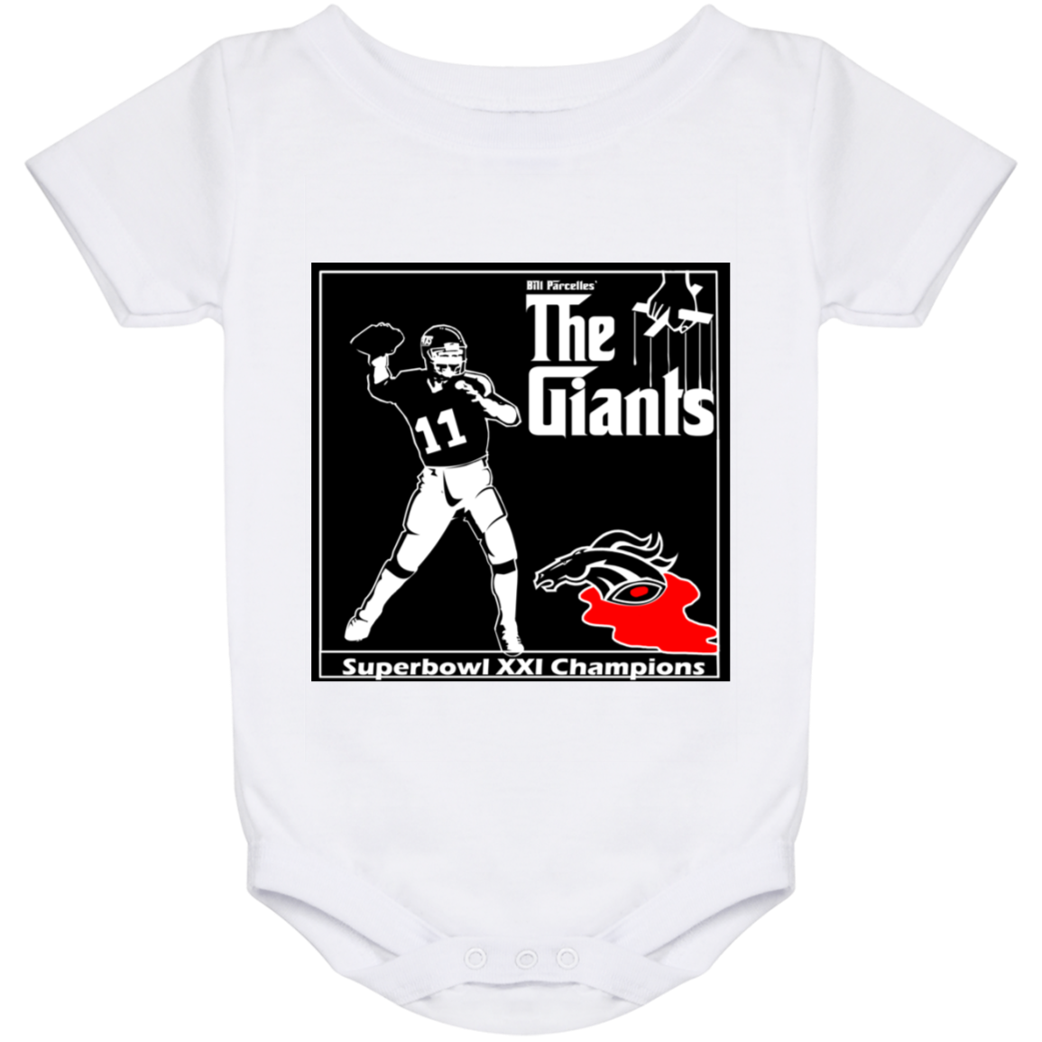 ArtichokeUSA Custom Design. Godfather Simms. NY Giants Superbowl XXI Champions. Fan Art. Baby Onesie 24 Month