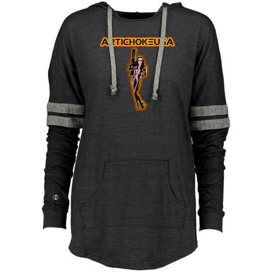 ArtichokeUSA Character and Font design. Let's Create Your Own Team Design Today. Mary Boom Boom. Ladies' Hooded Low Key Pullover