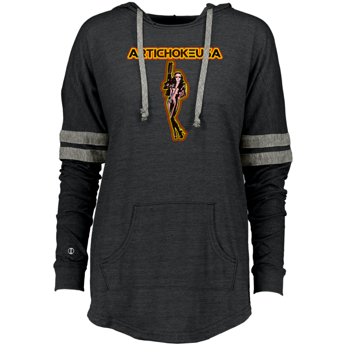 ArtichokeUSA Character and Font design. Let's Create Your Own Team Design Today. Mary Boom Boom. Ladies' Hooded Low Key Pullover