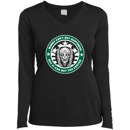 ArtichokeUSA Custom Design. Money Can't Buy Happiness But It Can Buy You Coffee. Ladies’ Long Sleeve Performance V-Neck Tee