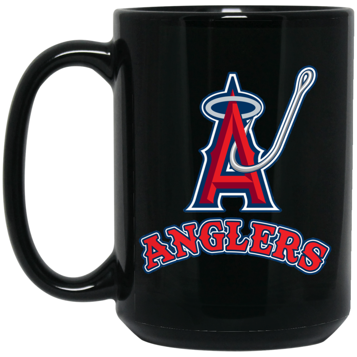 ArtichokeUSA Custom Design. Anglers. Southern California Sports Fishing. Los Angeles Angels Parody. 15 oz. Black Mug