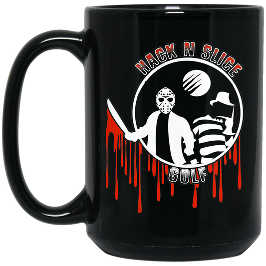 OPG Custom Design #23. Hack N Slice Golf. Freddy and Jason Fan Art. 15 oz. Black Mug