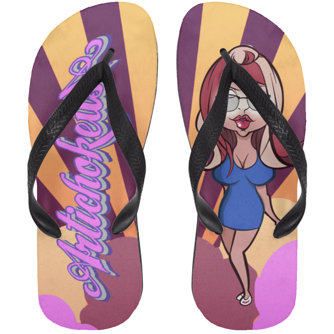 ArtichokeUSA Character and Font Design. Let’s Create Your Own Design Today. Blue Girl. Adult Flip Flops