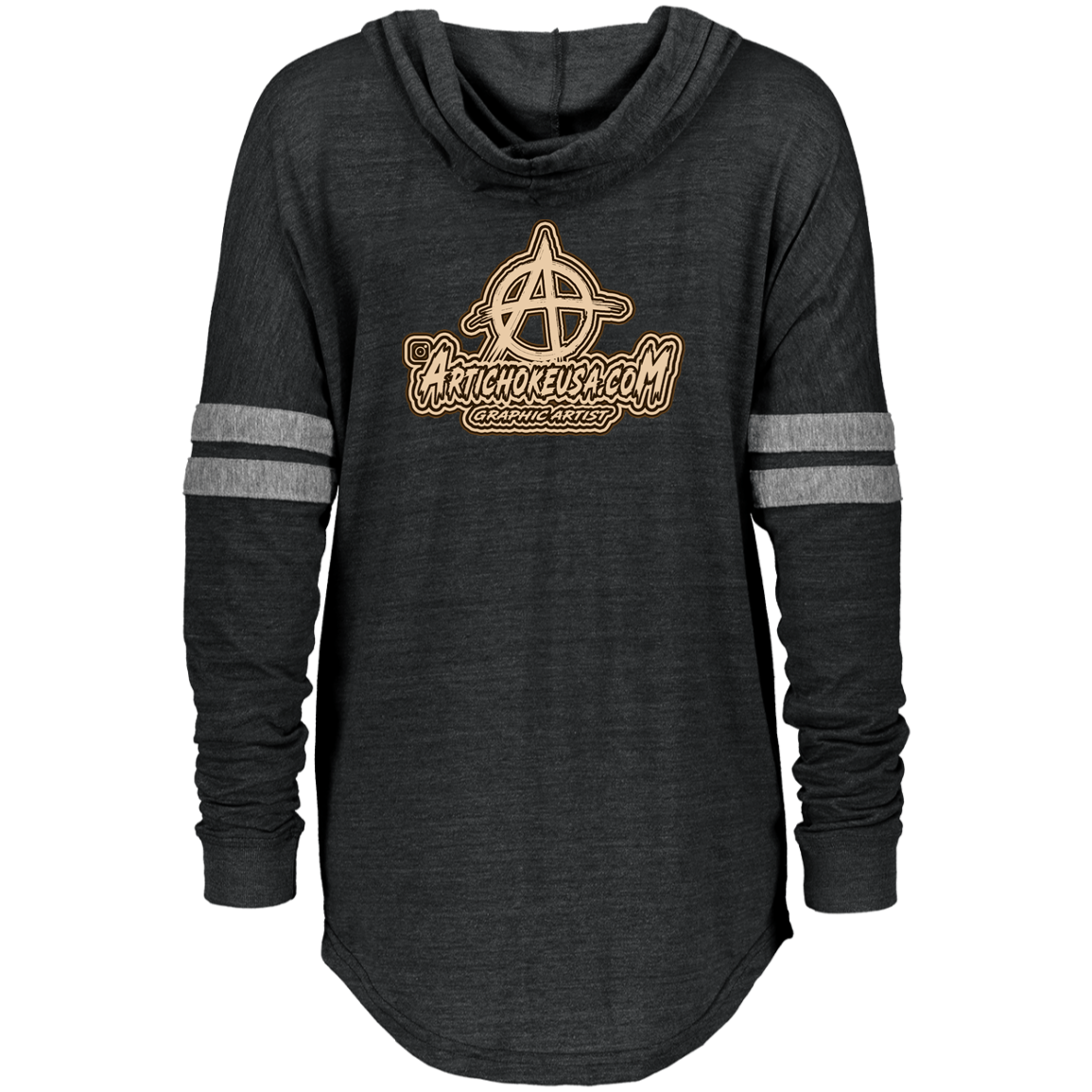 ArtichokeUSA Character and Font design. Let's Create Your Own Team Design Today. Mullet Mike. Ladies' Hooded Low Key Pullover