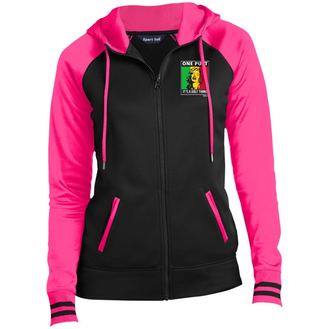OPG Custom Design #22. One Putt / One Love Parody with Fan Art. Female Edition. Ladies' Sport-Wick® Full-Zip Hooded Jacket