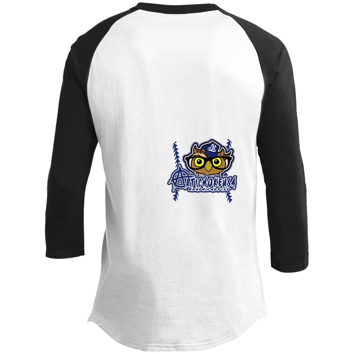 ArtichokeUSA Character and Font design. New York Owl. NY Yankees Fan Art. Let's Create Your Own Team Design Today. Youth 3/4 Raglan Sleeve Shirt