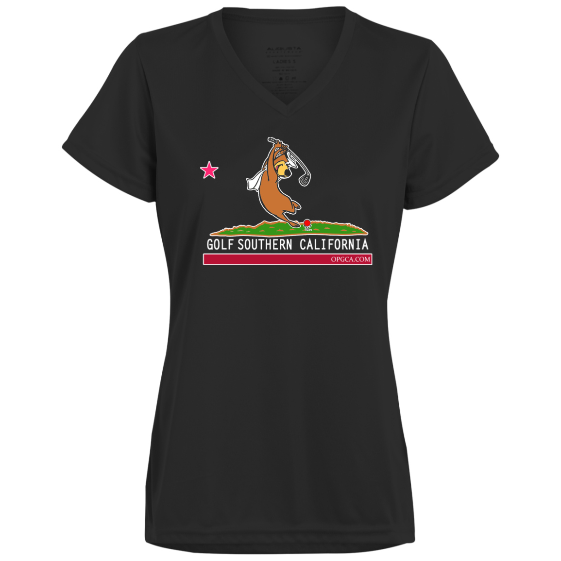 Custom Design #15. Golf Southern California with Yogi Fan Art. Ladies’ 100% polyester V-Neck Tee