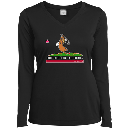 Custom Design #15. Golf Southern California with Yogi Fan Art. Ladies’ Long Sleeve Performance V-Neck Tee