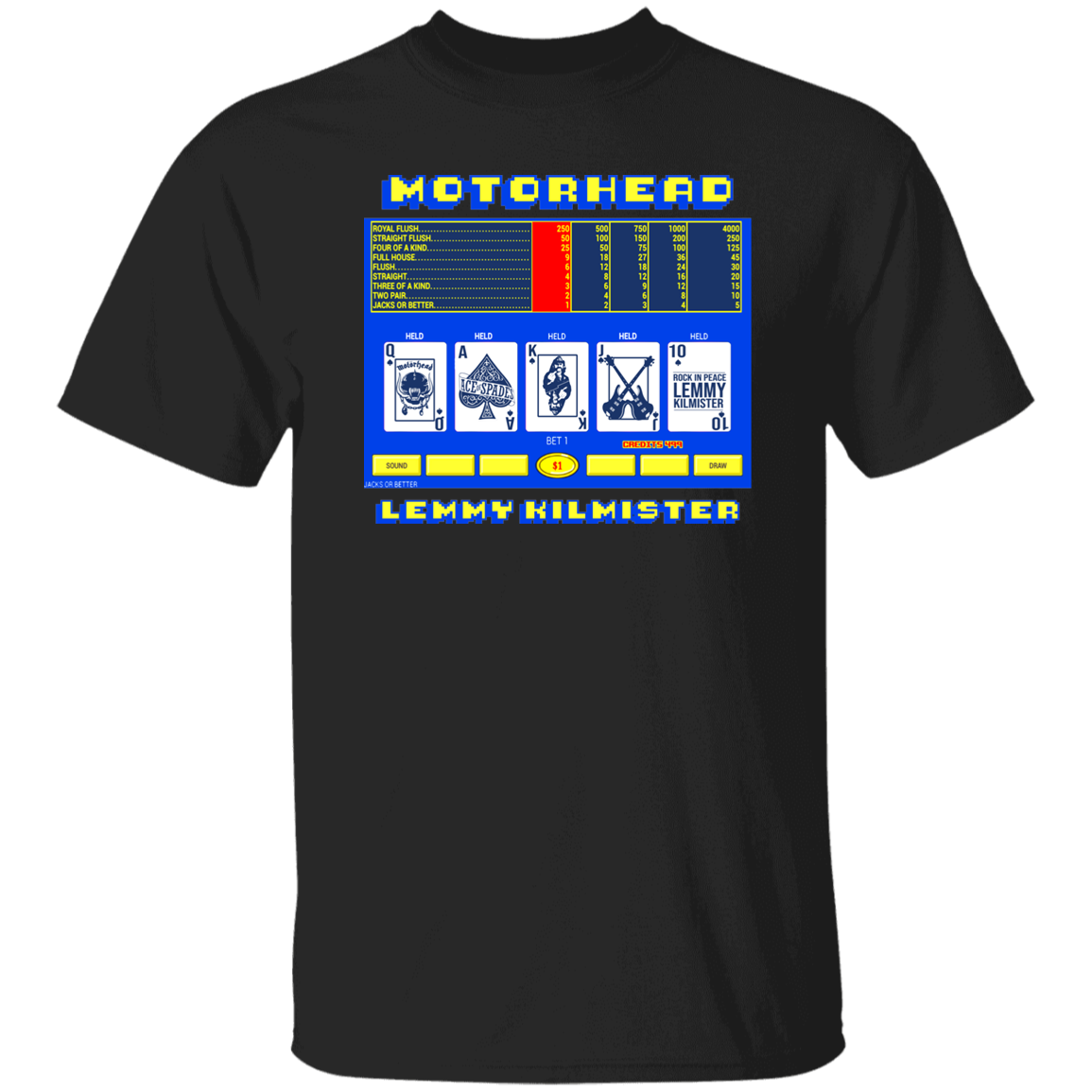 ArtichokeUSA Custom Design. Motorhead's Lemmy Kilmister's Favorite Video Poker Machine. Rock in Peace! 5.3 oz. T-Shirt