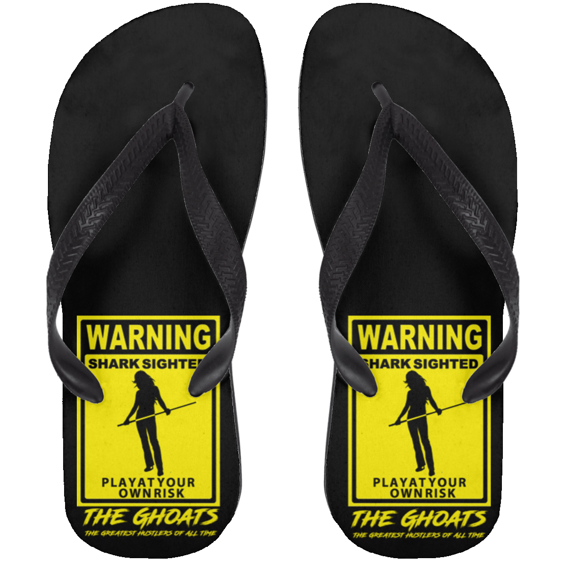 The GHOATS Custom Design. #34 Beware of Sharks. Play at Your Own Risk. (Ladies only version). Adult Flip Flops
