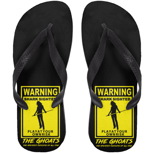 The GHOATS Custom Design. #34 Beware of Sharks. Play at Your Own Risk. (Ladies only version). Adult Flip Flops