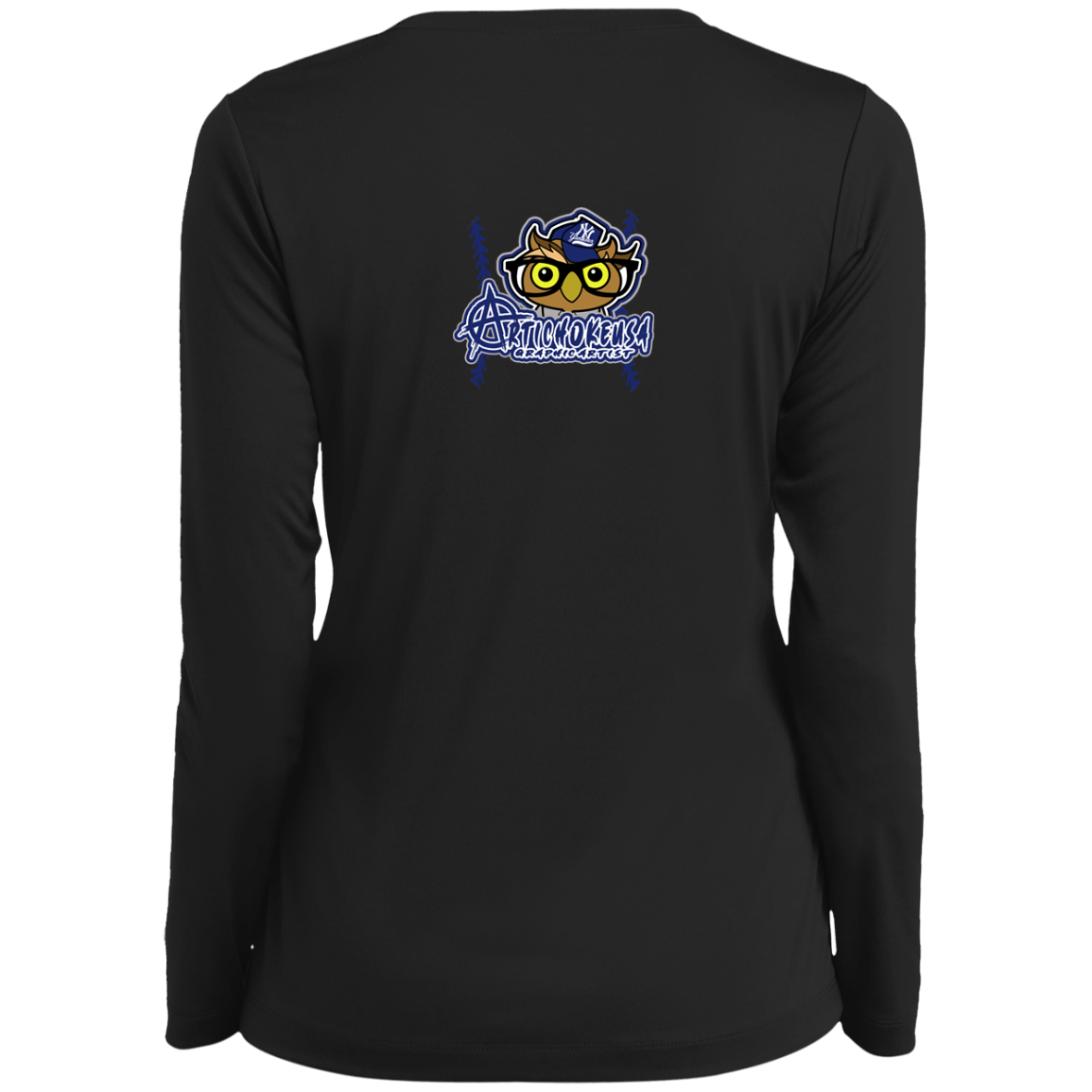 ArtichokeUSA Character and Font design. New York Owl. NY Yankees Fan Art. Let's Create Your Own Team Design Today. Ladies’ Long Sleeve Performance V-Neck Tee