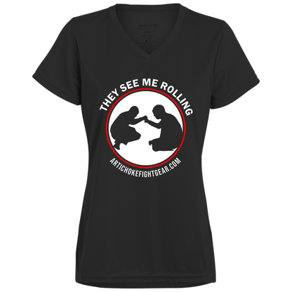 Artichoke Fight Gear Custom Design #16. They See Me Rolling. Ladies’ Moisture-Wicking V-Neck Tee