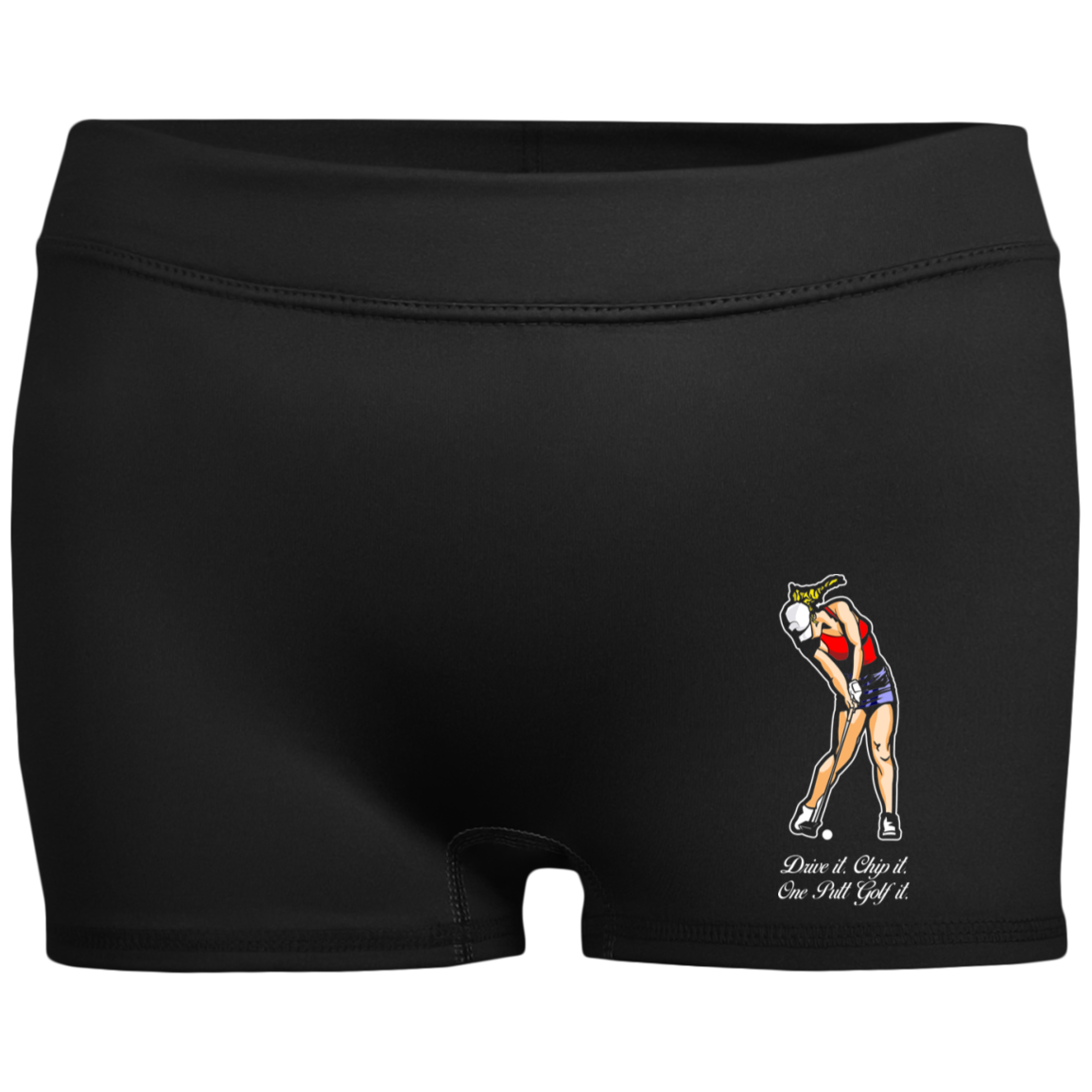 OPG Custom Design #9. Drive it. Chip it. One Putt Golf It. Golf So. Cal. Ladies' Fitted Moisture-Wicking 2.5 inch Inseam Shorts