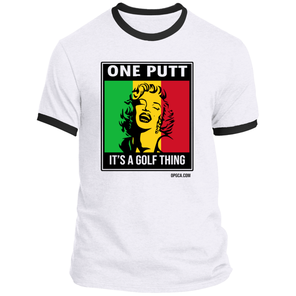 OPG Custom Design #22. One Putt / One Love Parody with Fan Art. Female Edition. Ringer Tee