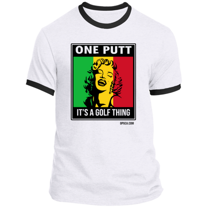 OPG Custom Design #22. One Putt / One Love Parody with Fan Art. Female Edition. Ringer Tee