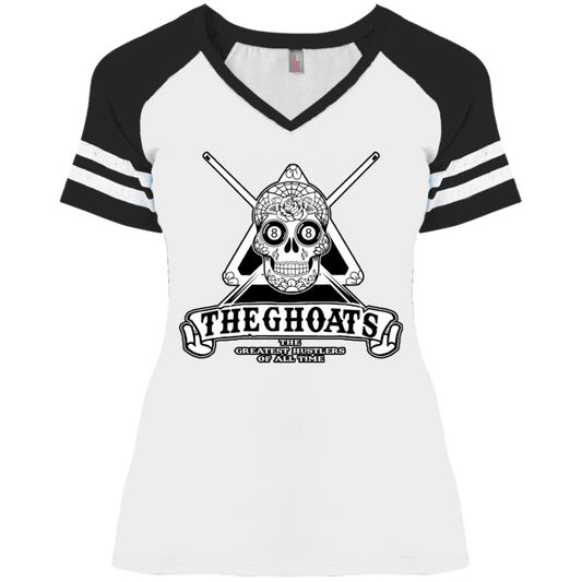 The GHOATS Custom Design #37. Sugar Skull Pool Theme. Ladies' Game V-Neck T-Shirt