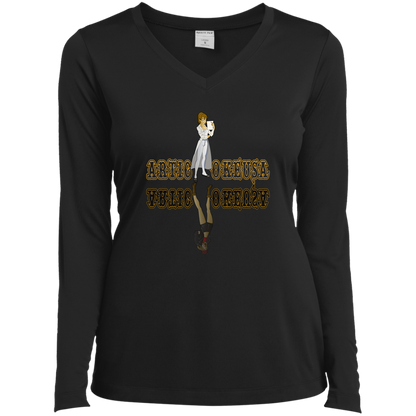 ArtichokeUSA Custom Design. Façade: (Noun) A false appearance that makes someone or something seem more pleasant or better than they really are.  Ladies’ Long Sleeve Performance V-Neck Tee