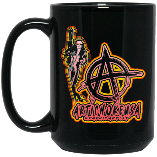 ArtichokeUSA Character and Font design. Let's Create Your Own Design Today. Mary Boom Boom. 15 oz. Black Mug