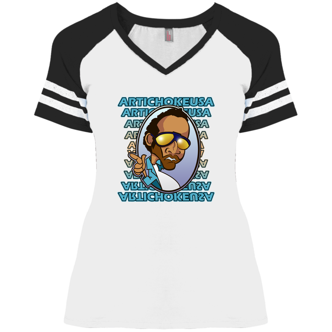ArtichokeUSA Character and Font design. Let's Create Your Own Team Design Today. My first client Charles. Ladies' Game V-Neck T-Shirt