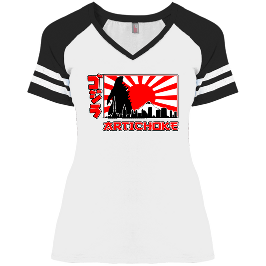 ArtichokeUSA Custom Design.  Fan Art Godzilla/Mecha Godzilla. Ladies' Game V-Neck T-Shirt