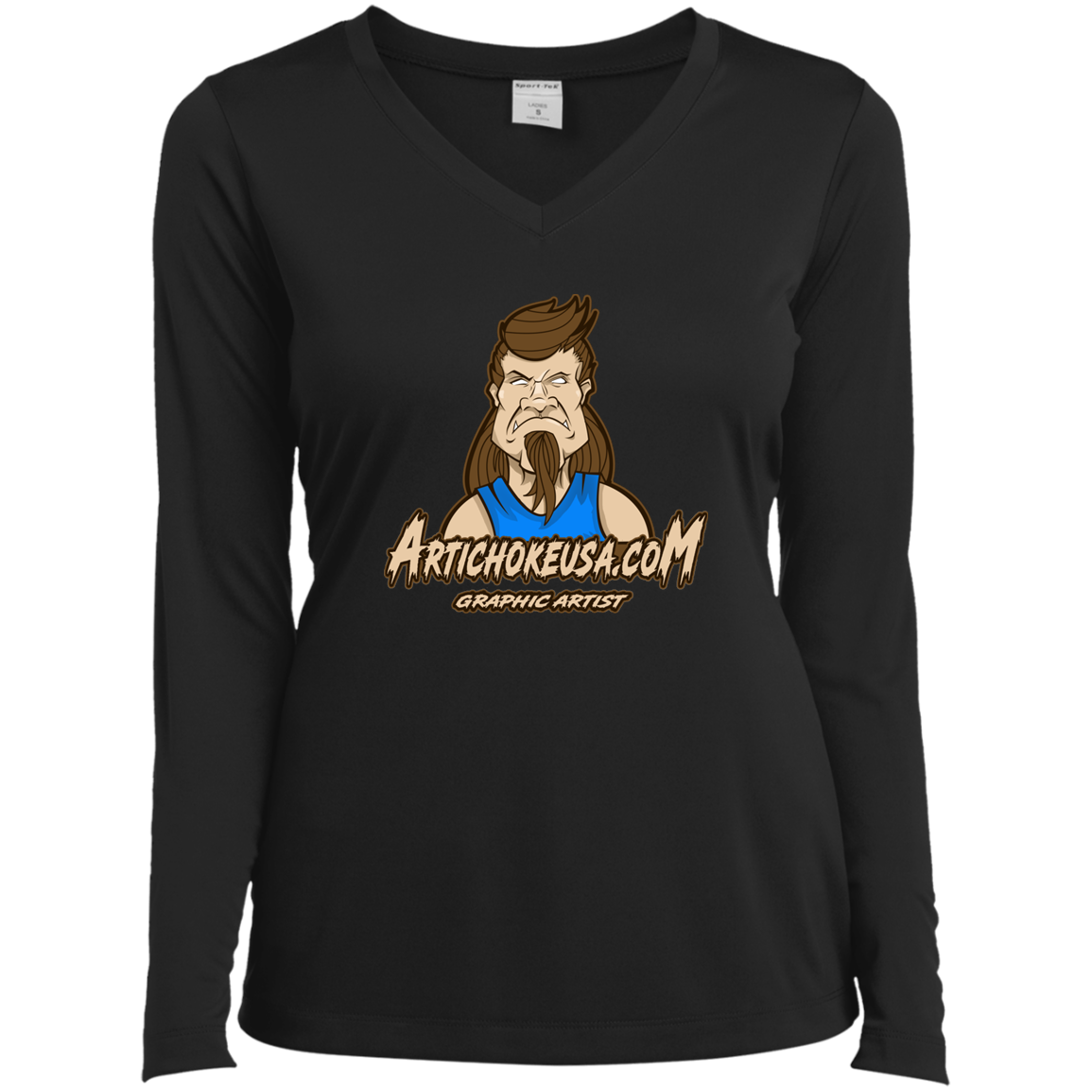 ArtichokeUSA Character and Font design. Let's Create Your Own Team Design Today. Mullet Mike. Ladies’ Long Sleeve Performance V-Neck Tee