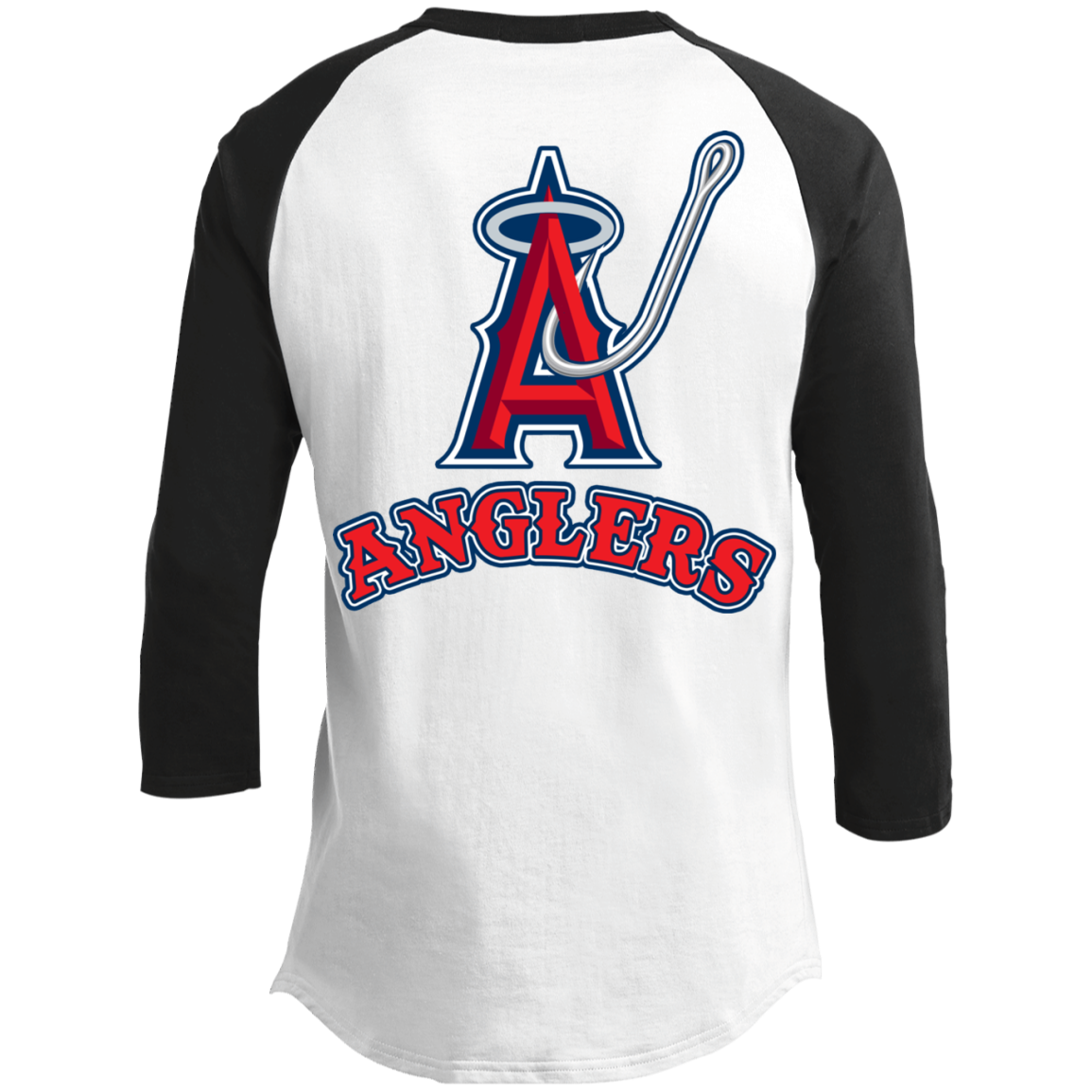 ArtichokeUSA Custom Design. Anglers. Southern California Sports Fishing. Los Angeles Angels Parody. 3/4 Raglan Sleeve Shirt