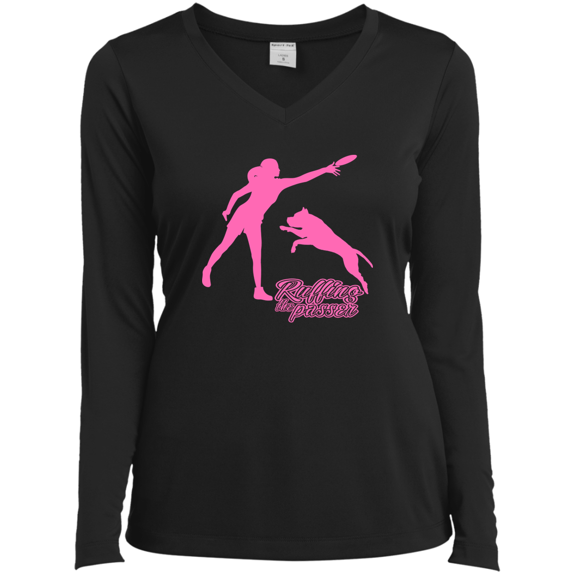 ArtichokeUSA Custom Design. Ruffing the Passer. Pitbull Edition. Female Version. Ladies’ Long Sleeve Performance V-Neck Tee