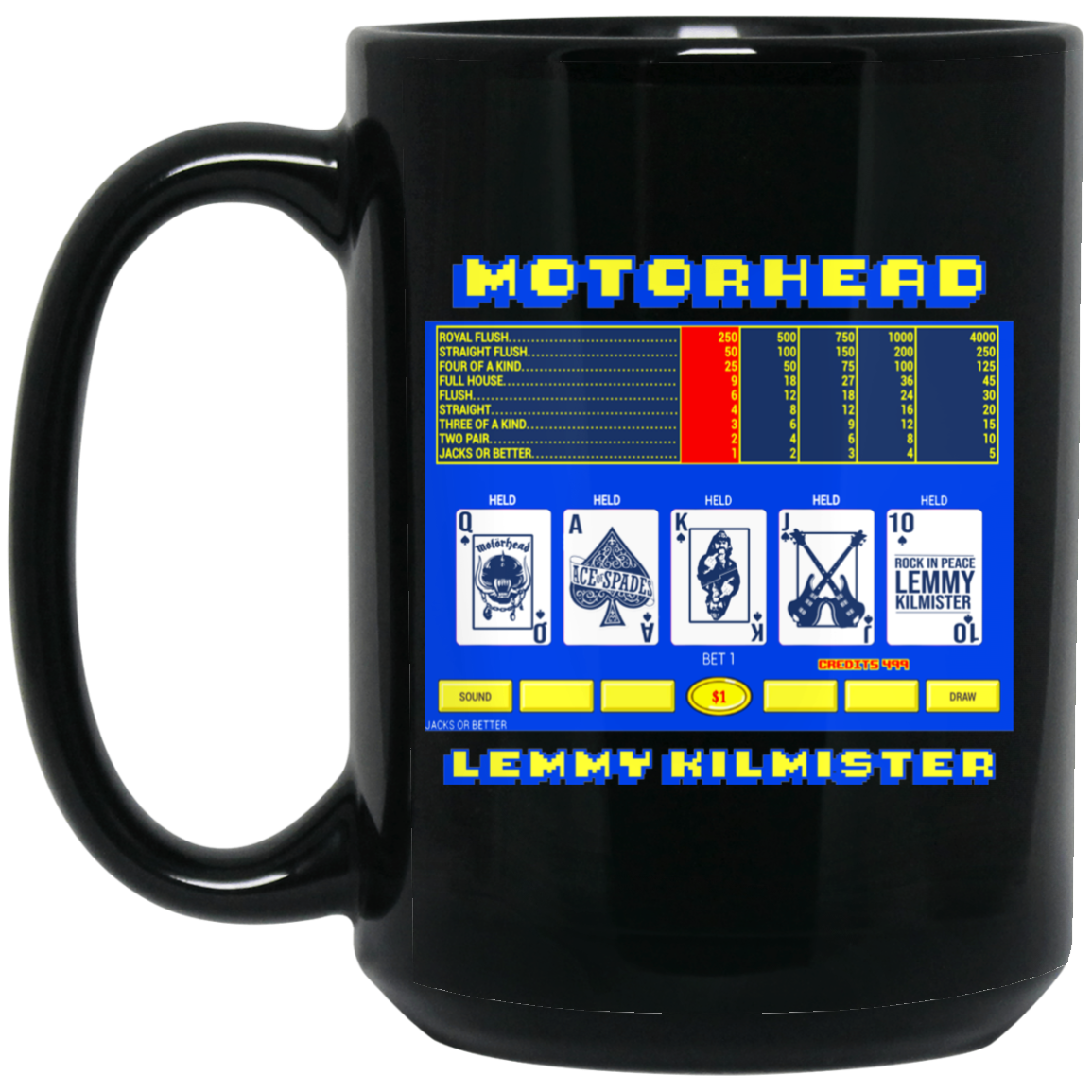 ArtichokeUSA Custom Design. Motorhead's Lemmy Kilmister Tribute. Rock In Peace! 15 oz. Black Mug