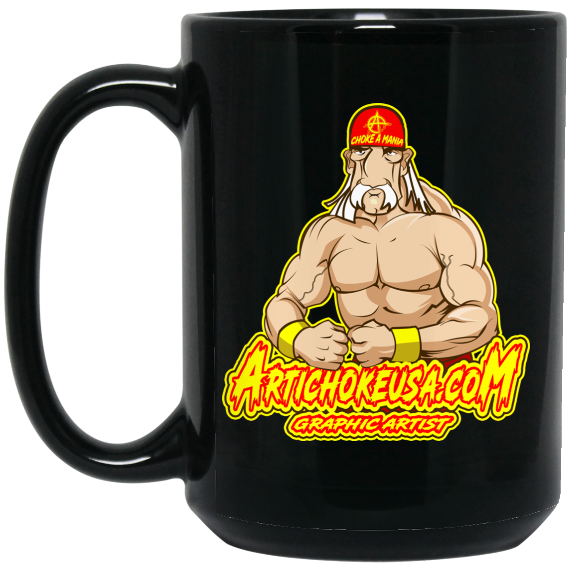ArtichokeUSA Character and Font Design. Let’s Create Your Own Design Today. Fan Art. The Hulkster. 15 oz. Black Mug