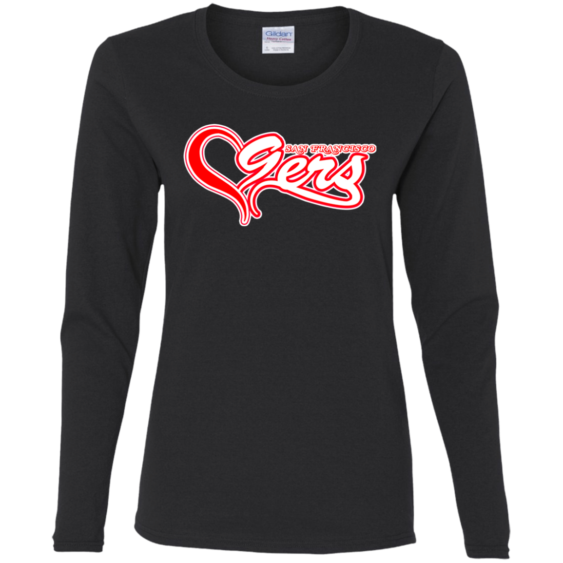 ArtichokeUSA Custom Design #50. 9ers Love. SF 49ers Fan Art. Let's Make Your Own Custom Team Shirt. Ladies' 100% Cotton Long Sleeve T-Shirt
