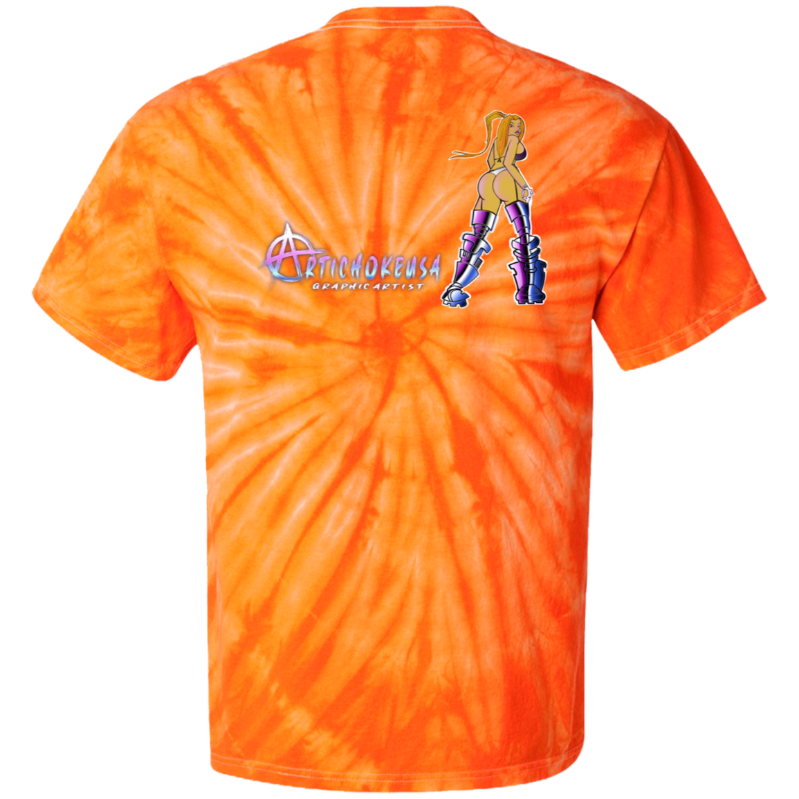 ArtichokeUSA Character and Font design. Let's Create Your Own Team Design Today. Dama de Croma. 100% Cotton Tie Dye T-Shirt