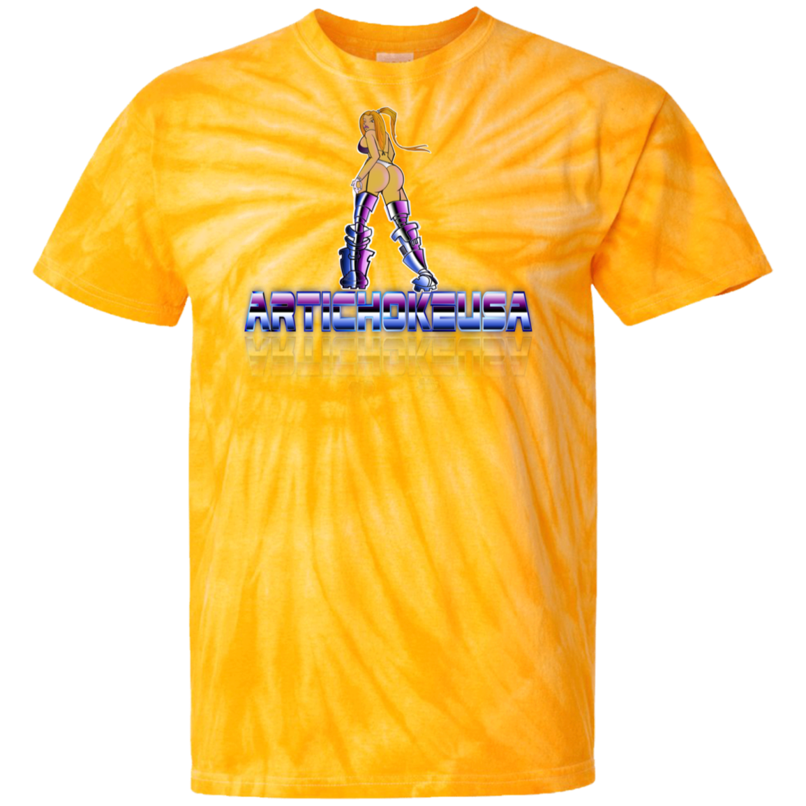 ArtichokeUSA Character and Font design. Let's Create Your Own Team Design Today. Dama de Croma. 100% Cotton Tie Dye T-Shirt