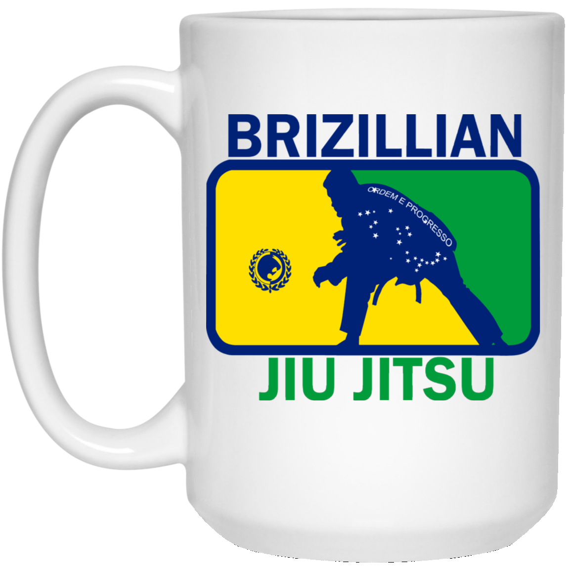 Artichoke Fight Gear Custom Design #5. BJJ MLB Brazil Flag Colors. Parody v2. 15 oz. White Mug