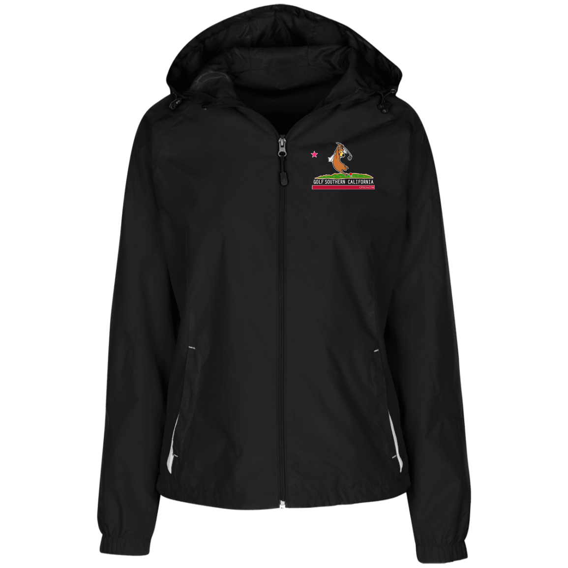 Custom Design #15. Golf Southern California with Yogi Fan Art. Ladies' Jersey-Lined Hooded Windbreaker