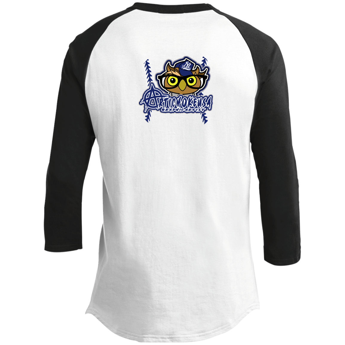 ArtichokeUSA Character and Font design. New York Owl. NY Yankees Fan Art. Let's Create Your Own Team Design Today. Men's 3/4 Raglan Sleeve Shirt