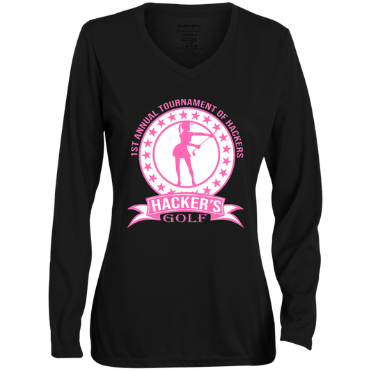 ZZZ#20 OPG Custom Design. 1st Annual Hackers Golf Tournament. Ladies Edition. Ladies' Moisture-Wicking Long Sleeve V-Neck Tee