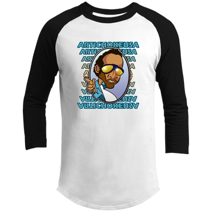 ArtichokeUSA Character and Font design. Let's Create Your Own Team Design Today. My first client Charles. Men's 3/4 Raglan Sleeve Shirt