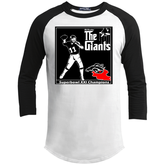 ArtichokeUSA Custom Design. Godfather Simms. NY Giants Superbowl XXI Champions. Fan Art. Youth 3/4 Raglan Sleeve Shirt