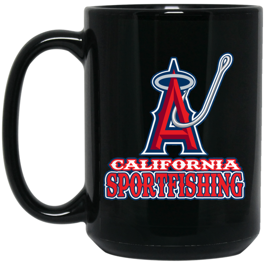 ArtichokeUSA Custom Design. Anglers. Southern California Sports Fishing. Los Angeles Angels Parody. 15 oz. Black Mug