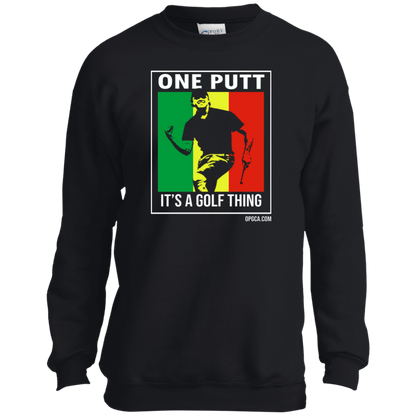 OPG Custom Design #22. One Putt / One Love Parody with Fan Art. Male Edition. Youth Crewneck Sweatshirt